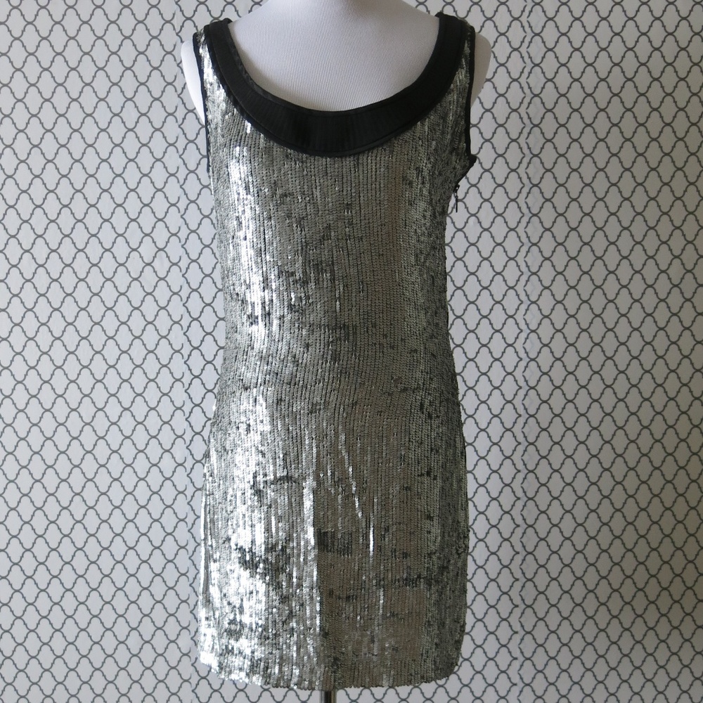 Arthur Mendonca Side Zip Sleeveless Black Silver Metallic Sequin Dress - Size 8